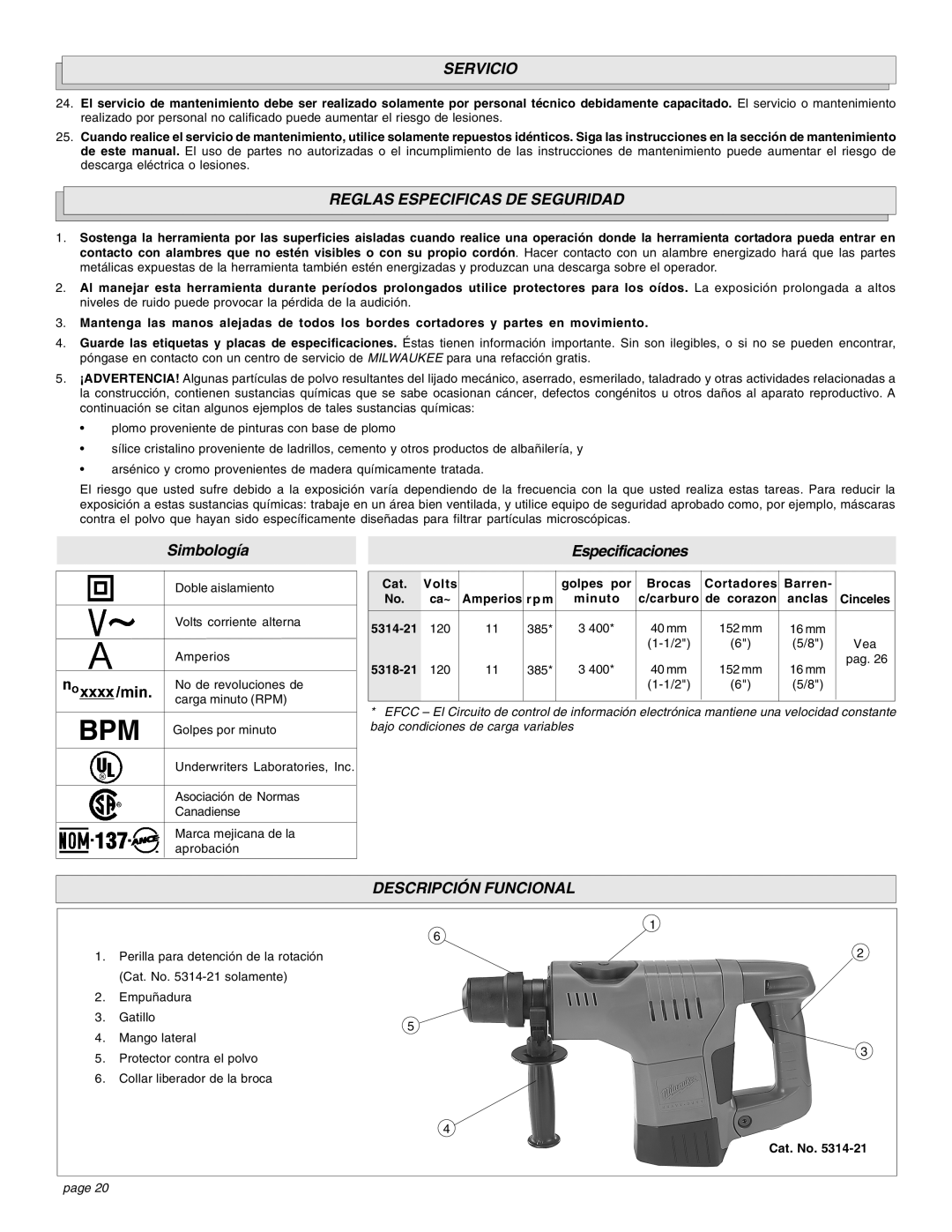 Milwaukee 1-1/2 manual Servicio, Reglas Especificas DE Seguridad, Descripción Funcional 