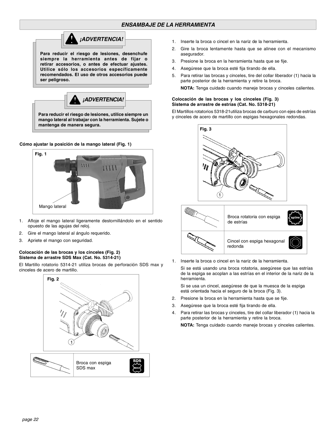 Milwaukee 1-1/2 manual Ensambaje DE LA Herramienta ¡ADVERTENCIA, Cómo ajustar la posición de la mango lateral Fig 