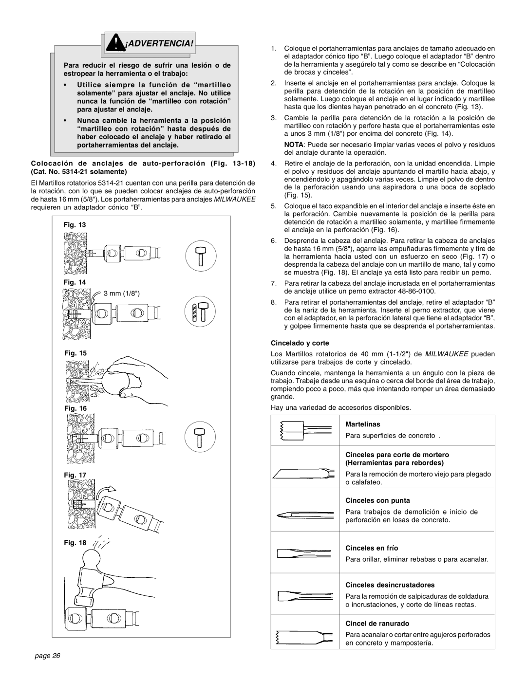 Milwaukee 1-1/2 manual Cincelado y corte, Martelinas, Cinceles con punta, Cinceles en frío, Cinceles desincrustadores 