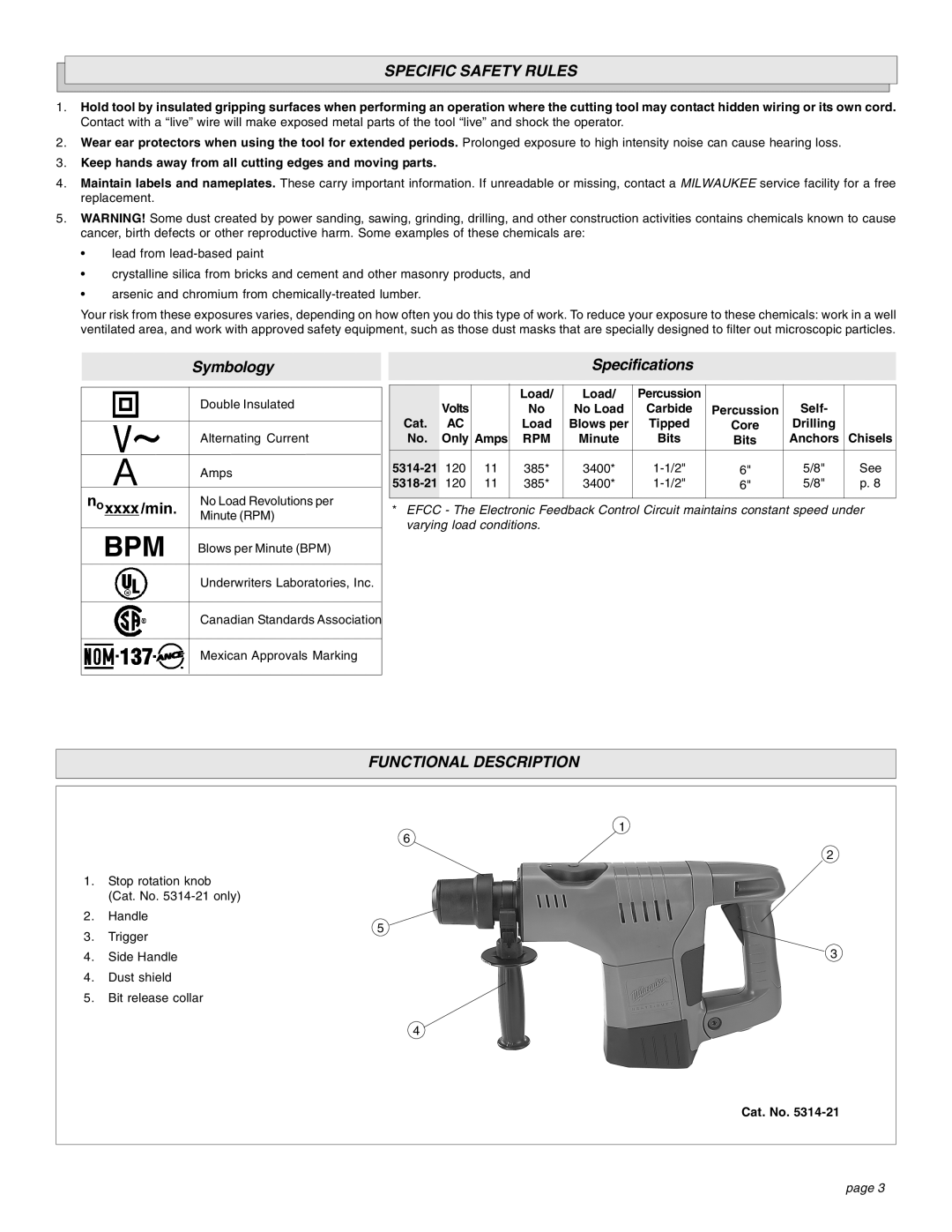 Milwaukee 1-1/2 manual Specific Safety Rules, Functional Description 