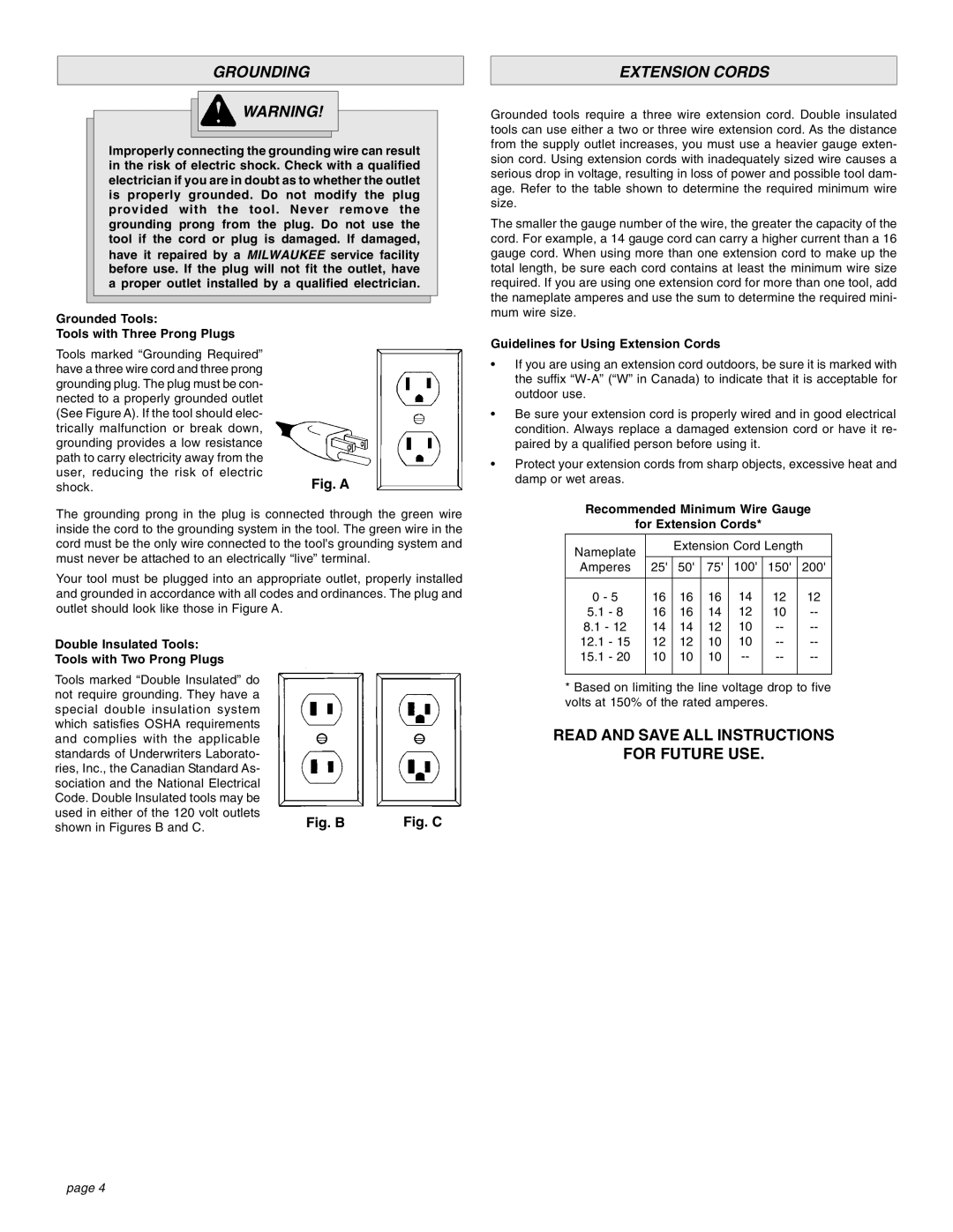 Milwaukee 1-1/2 manual Grounding, Extension Cords 