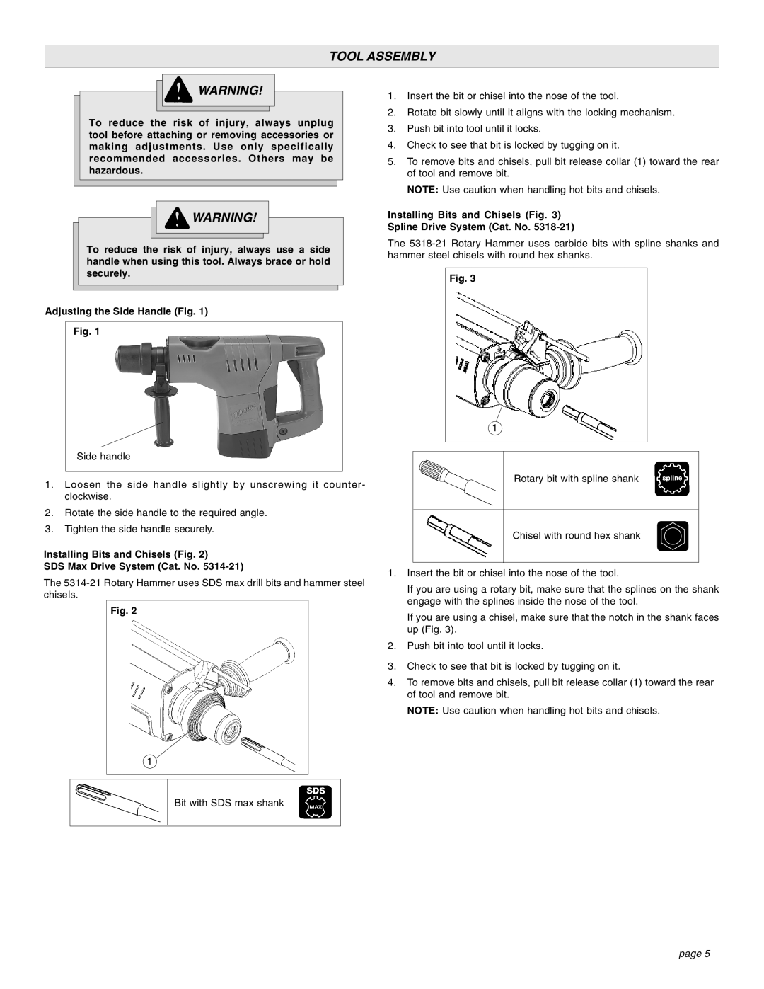 Milwaukee 1-1/2 manual Tool Assembly, Installing Bits and Chisels Fig Spline Drive System Cat. No 