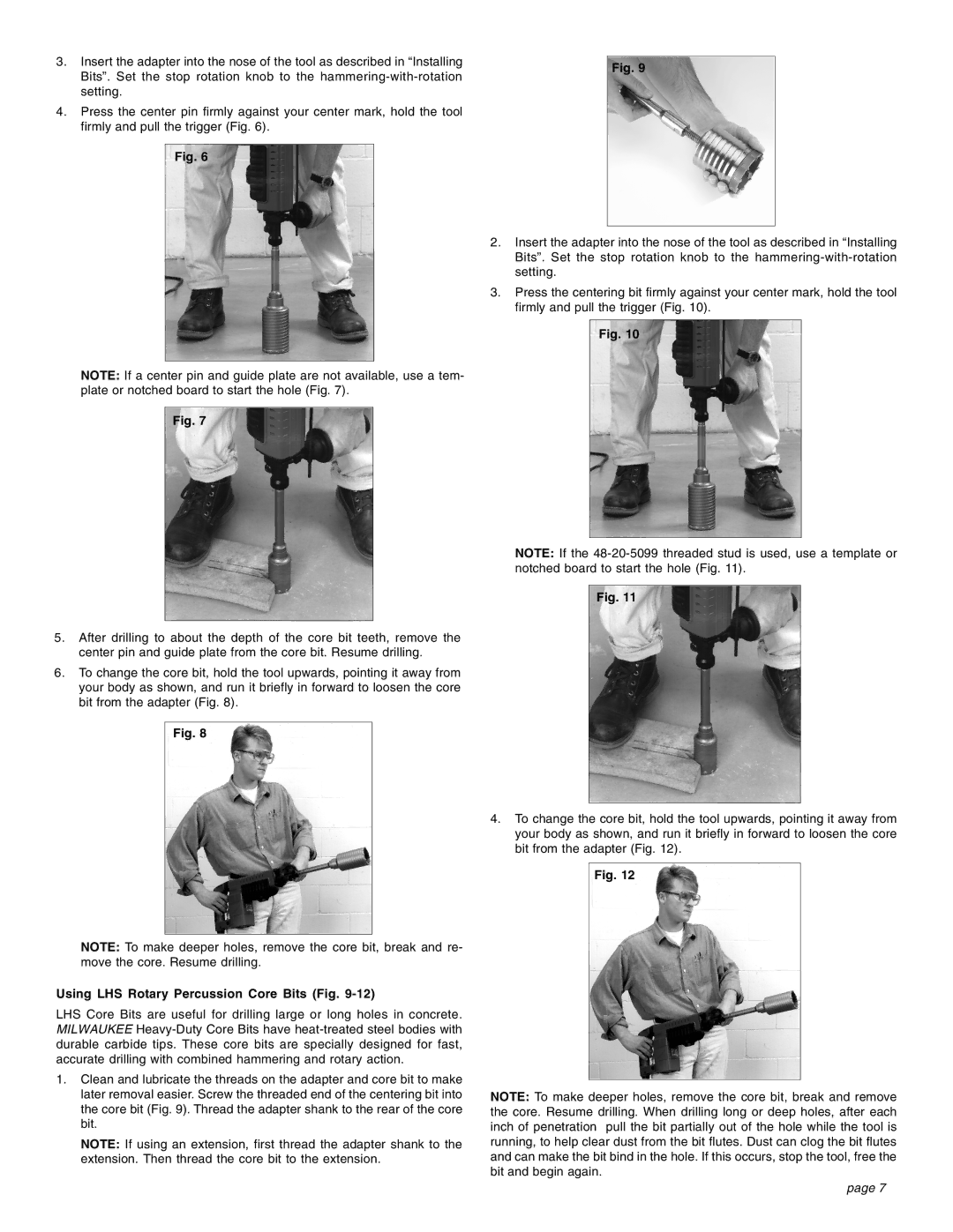 Milwaukee 1-1/2 manual Using LHS Rotary Percussion Core Bits Fig 