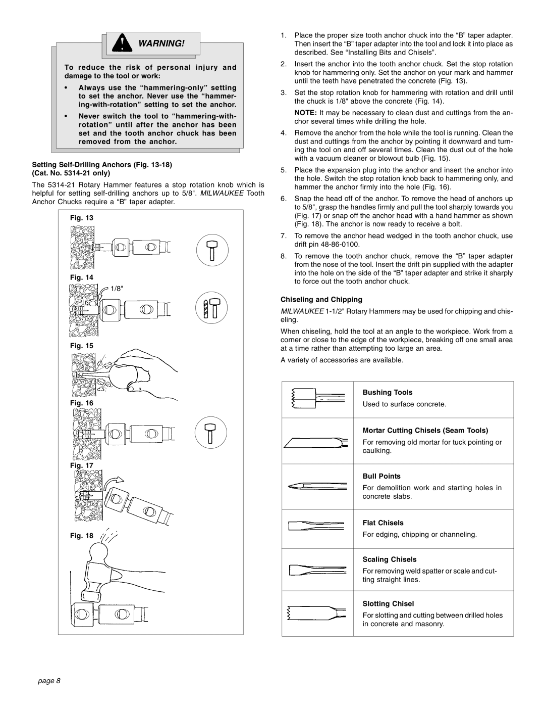 Milwaukee 1-1/2 manual Chiseling and Chipping, Bushing Tools, Mortar Cutting Chisels Seam Tools, Bull Points, Flat Chisels 