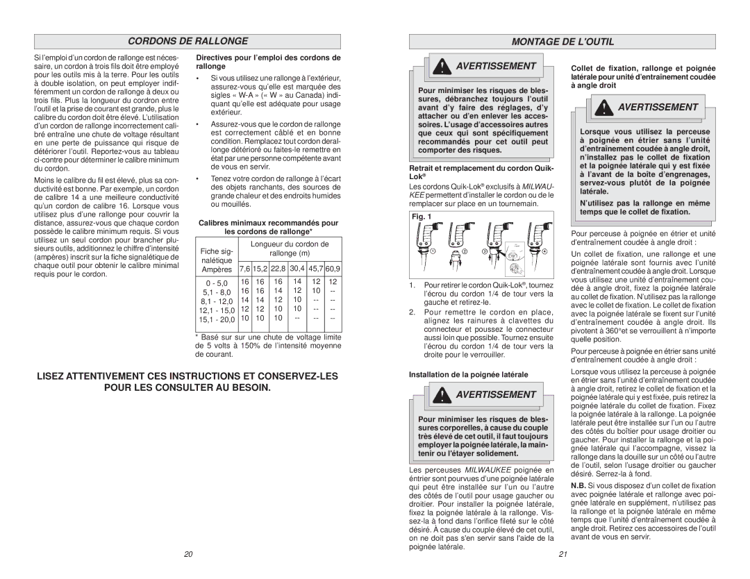 Milwaukee 1001-1 manual Cordons DE Rallonge Montage DE Loutil 