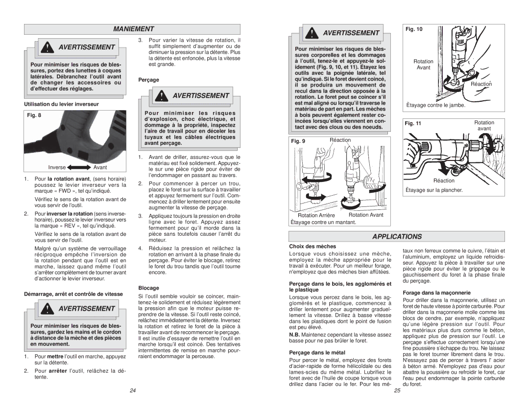 Milwaukee 1001-1 manual Maniement Avertissement, Applications 