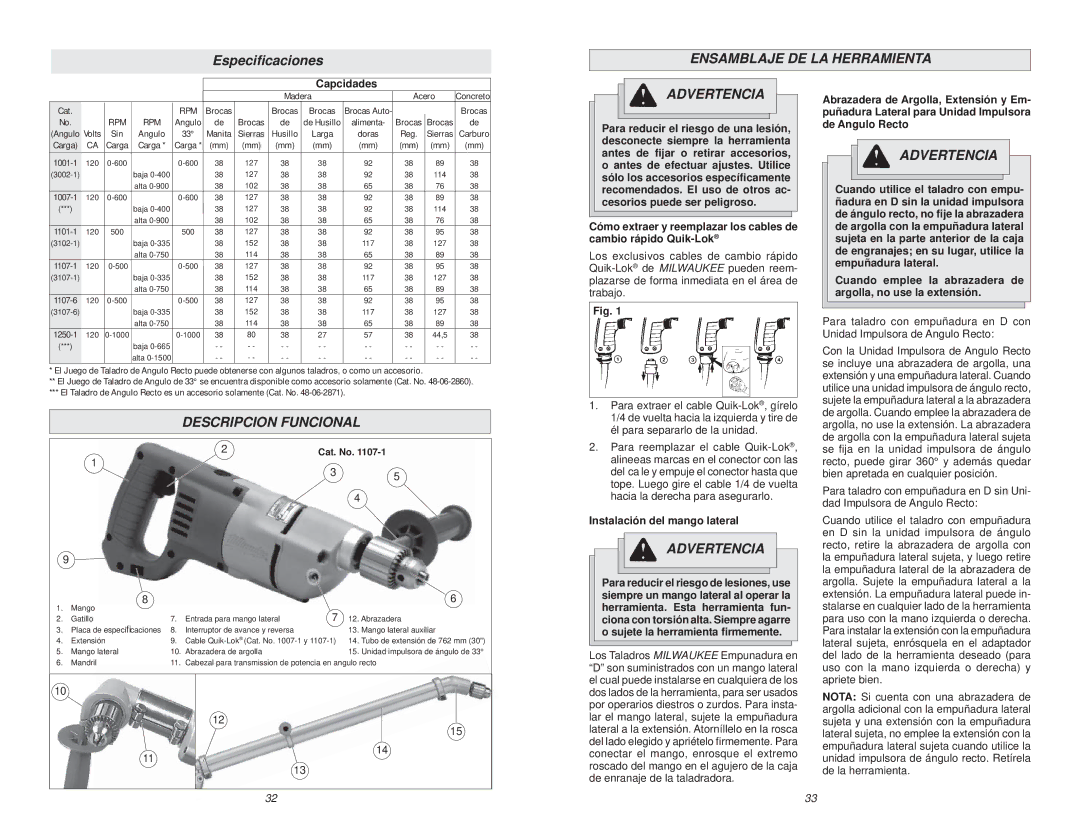 Milwaukee 1001-1 manual Especiﬁcaciones, Ensamblaje DE LA Herramienta, Descripcion Funcional 