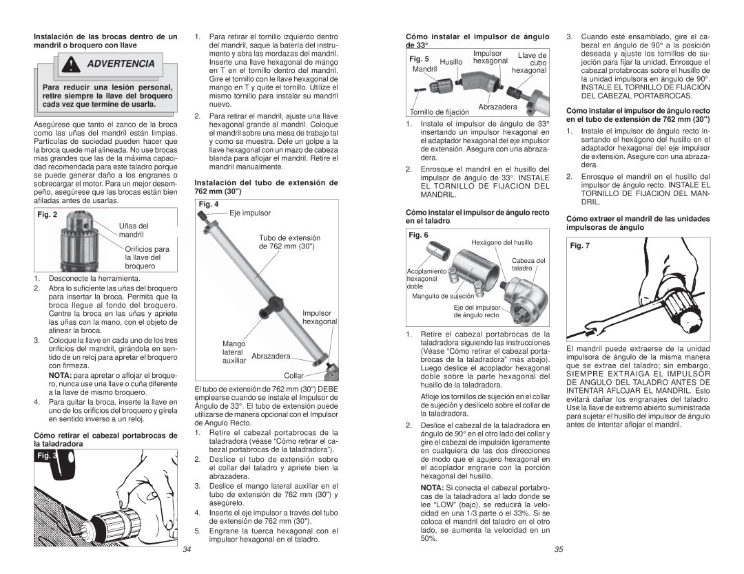 Milwaukee 1001-1 manual Cómo instalar el impulsor de ángulo de, Cómo retirar el cabezal portabrocas de la taladradora 