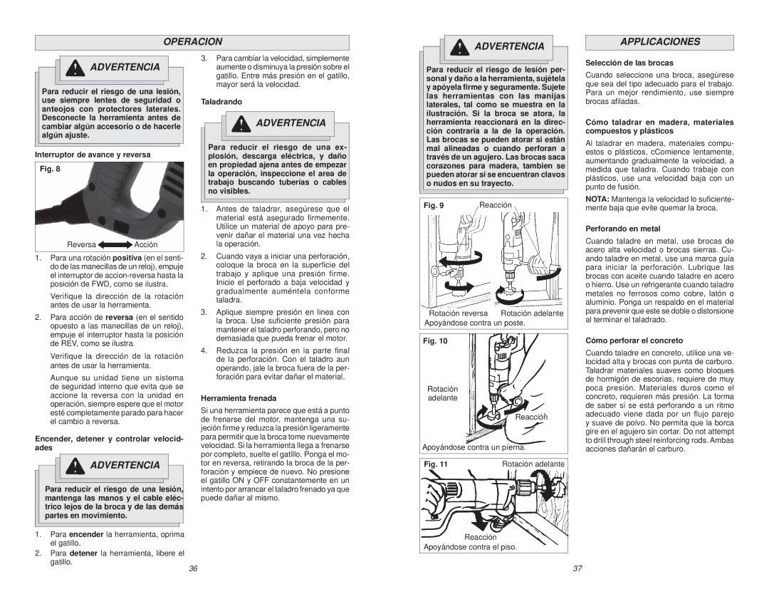 Milwaukee 1001-1 manual Operacion Advertencia Applicaciones 