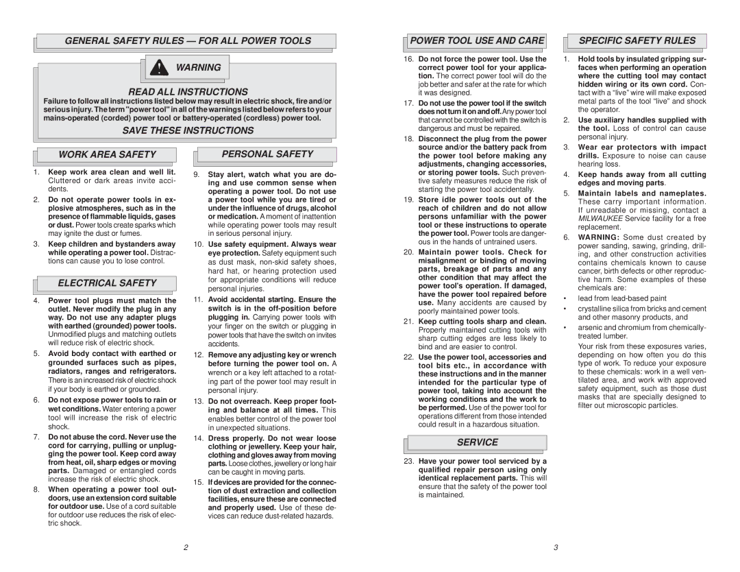 Milwaukee 1001-1 manual Power Tool USE and Care, Specific Safety Rules, Work Area Safety, Electrical Safety Personal Safety 