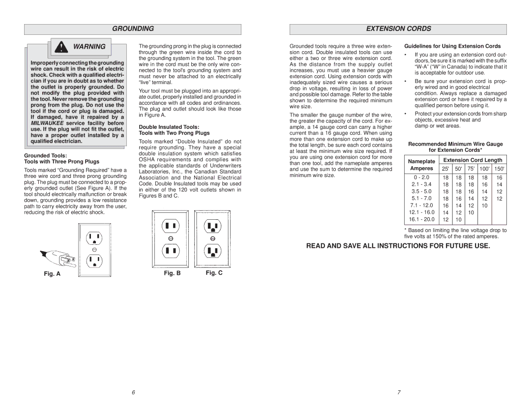 Milwaukee 1001-1 manual Grounding Extension Cords, Grounded Tools Tools with Three Prong Plugs 