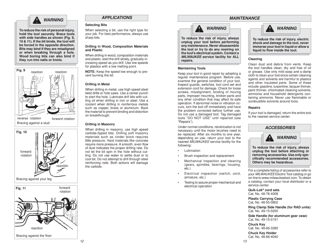 Milwaukee 1001-1 manual Applications Maintenance, Accessories 