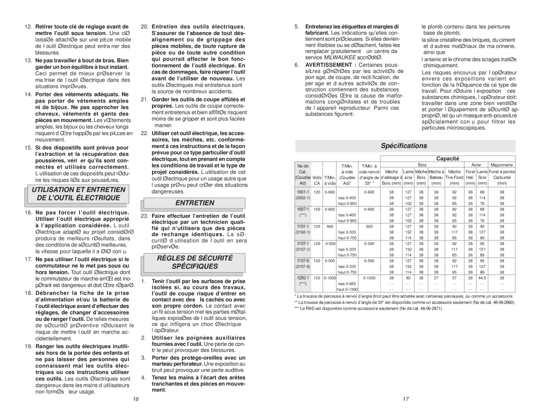 Milwaukee 1001-1 manual Utilisation ET Entretien DE L’OUTIL Électrique, Règles DE Sécurité Spécifiques, Spéciﬁcations 