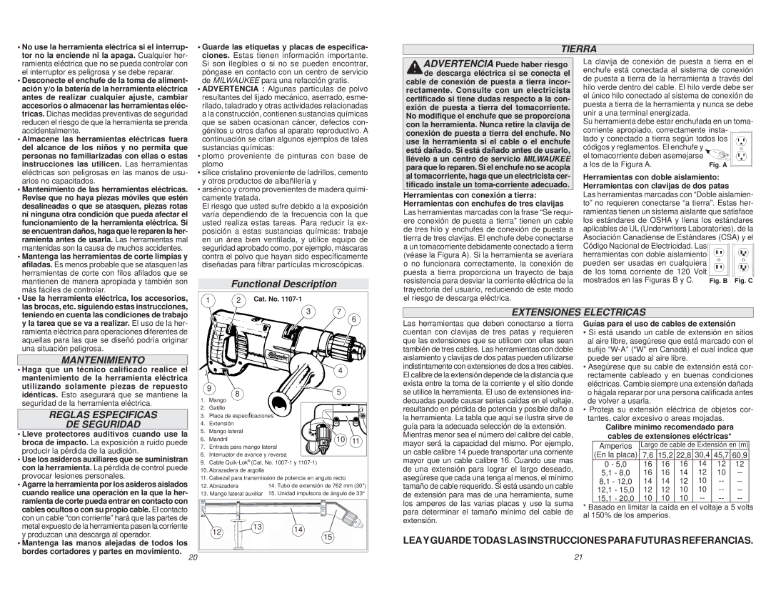 Milwaukee 1107-6 manual Tierra, Extensiones Electricas, Mantenimiento, Reglas Especificas DE Seguridad 