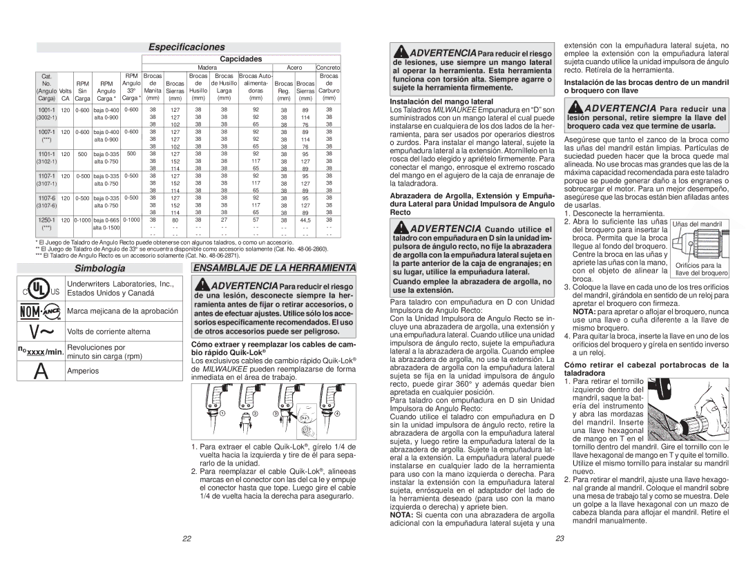 Milwaukee 1107-6 manual Especiﬁcaciones, Simbologia, Ensamblaje DE LA Herramienta 