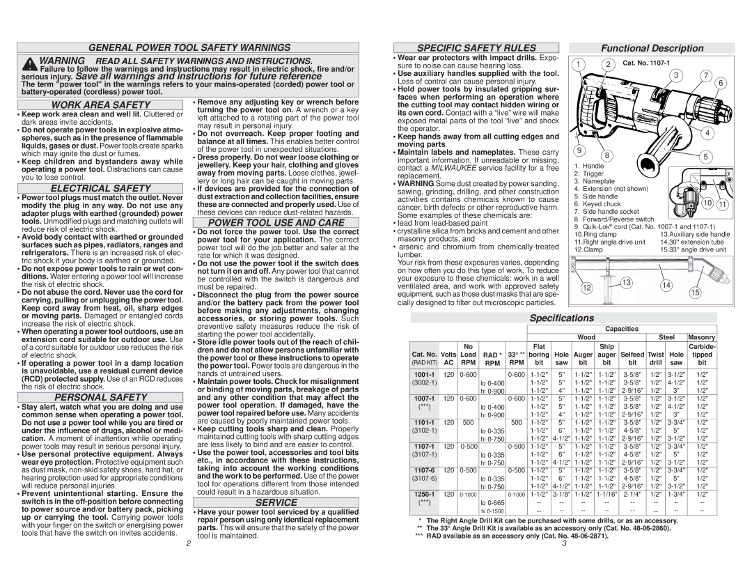 Milwaukee 1107-6 General Power Tool Safety Warnings, Specific Safety Rules, Work Area Safety, Electrical Safety, Service 