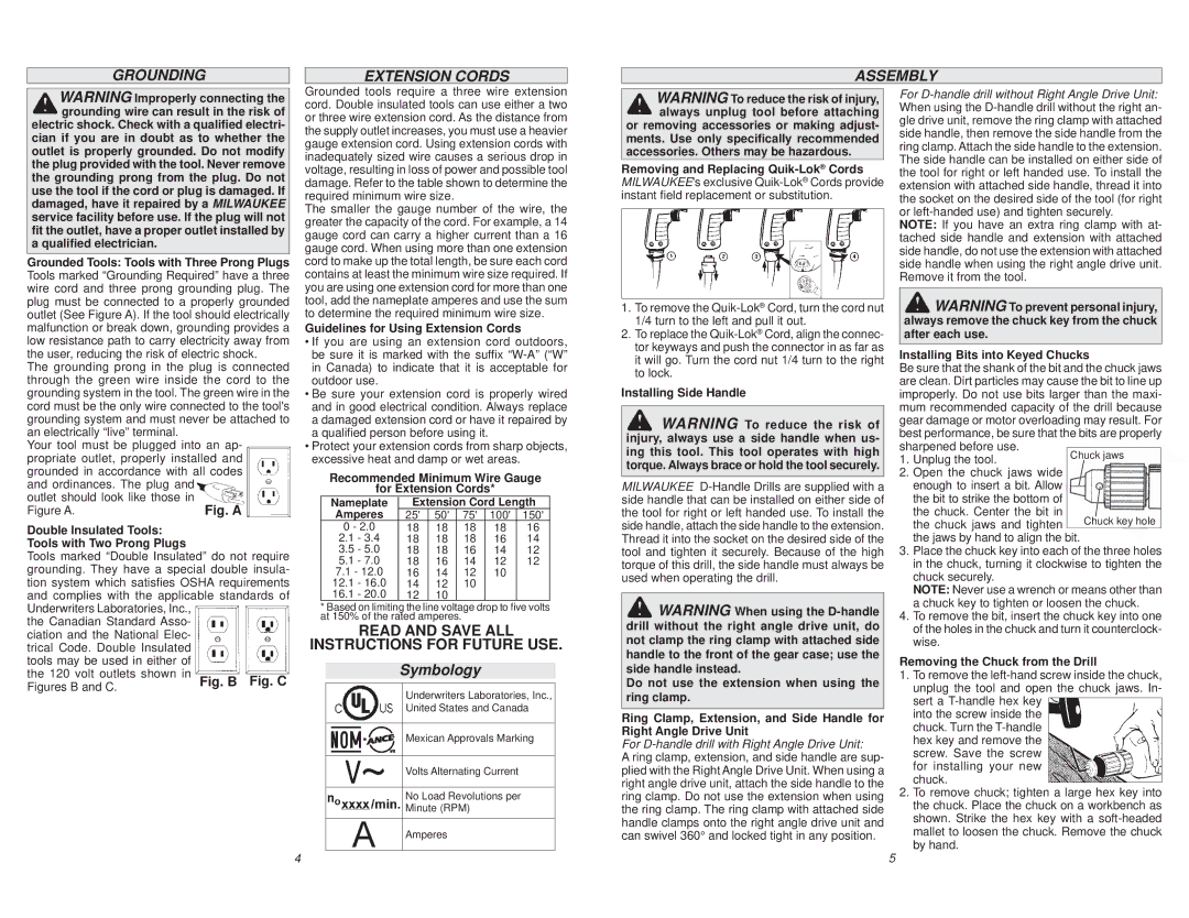 Milwaukee 1107-6 manual Grounding Extension Cords Assembly, Symbology 