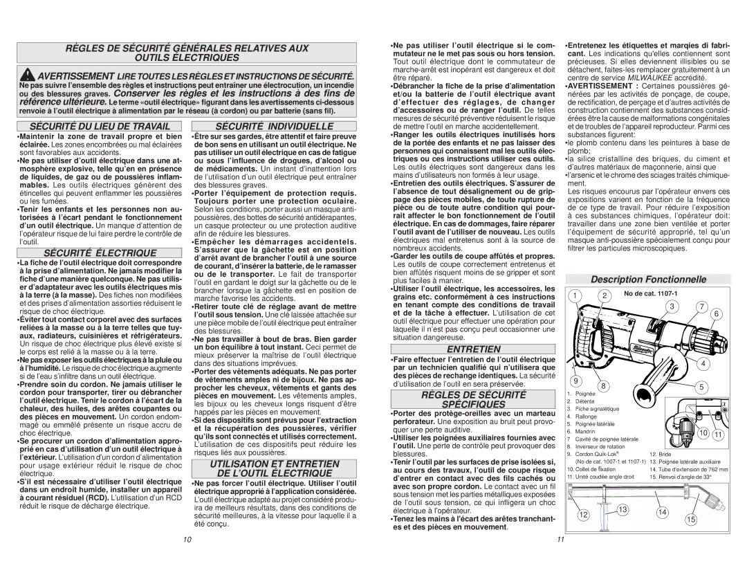 Milwaukee 1107-6 manual Sécurité DU Lieu DE Travail, Sécurité Électrique, Sécurité Individuelle, Entretien 