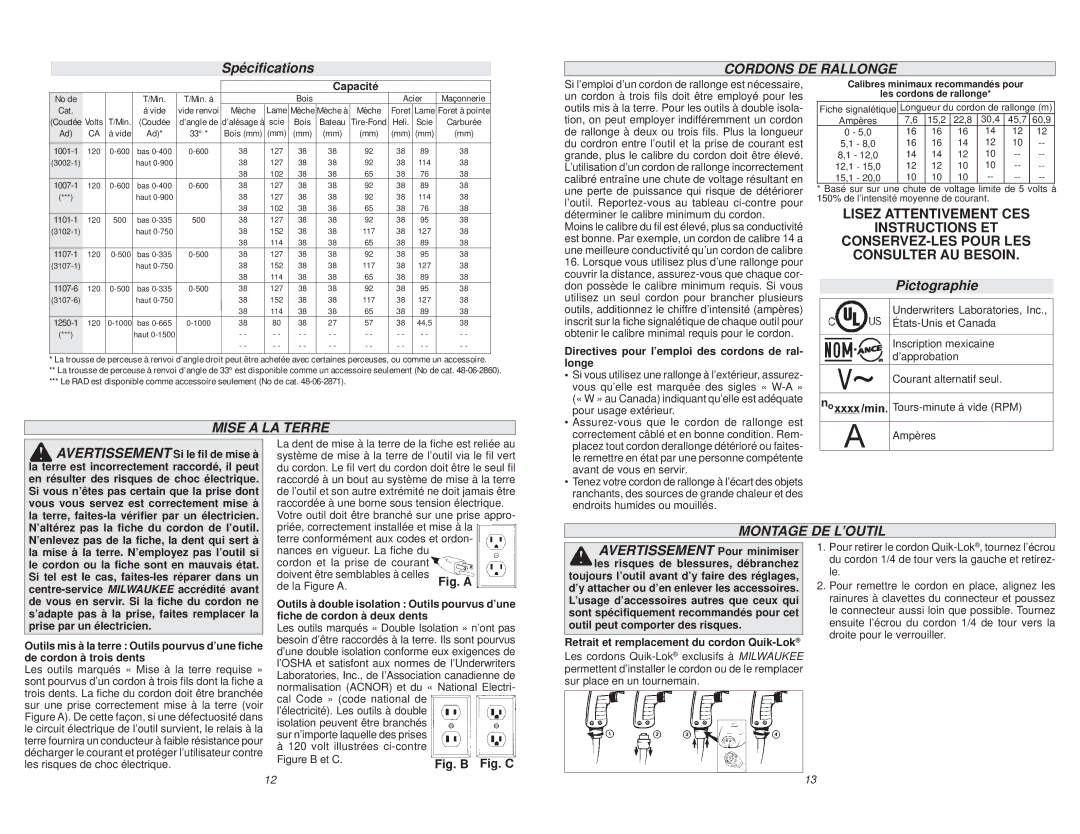 Milwaukee 1107-6 manual Spéciﬁcations, Cordons DE Rallonge, Mise a LA Terre, Pictographie, Montage DE L’OUTIL 