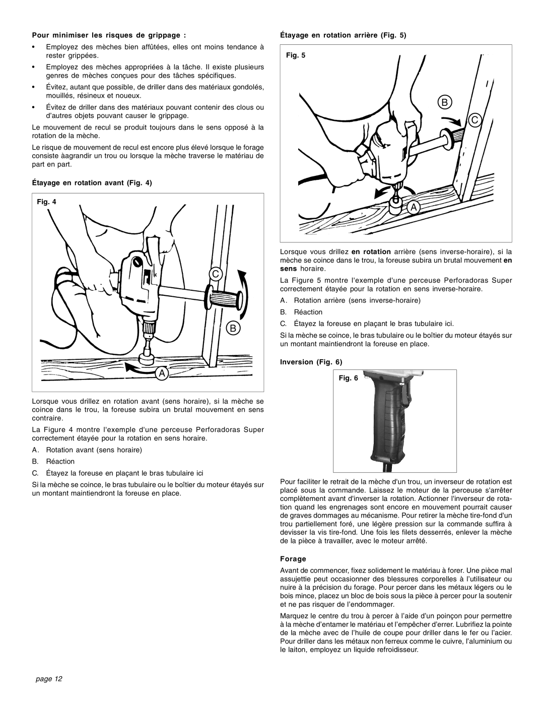 Milwaukee 1/1/2404 Pour minimiser les risques de grippage, Étayage en rotation avant Fig, Étayage en rotation arrière Fig 