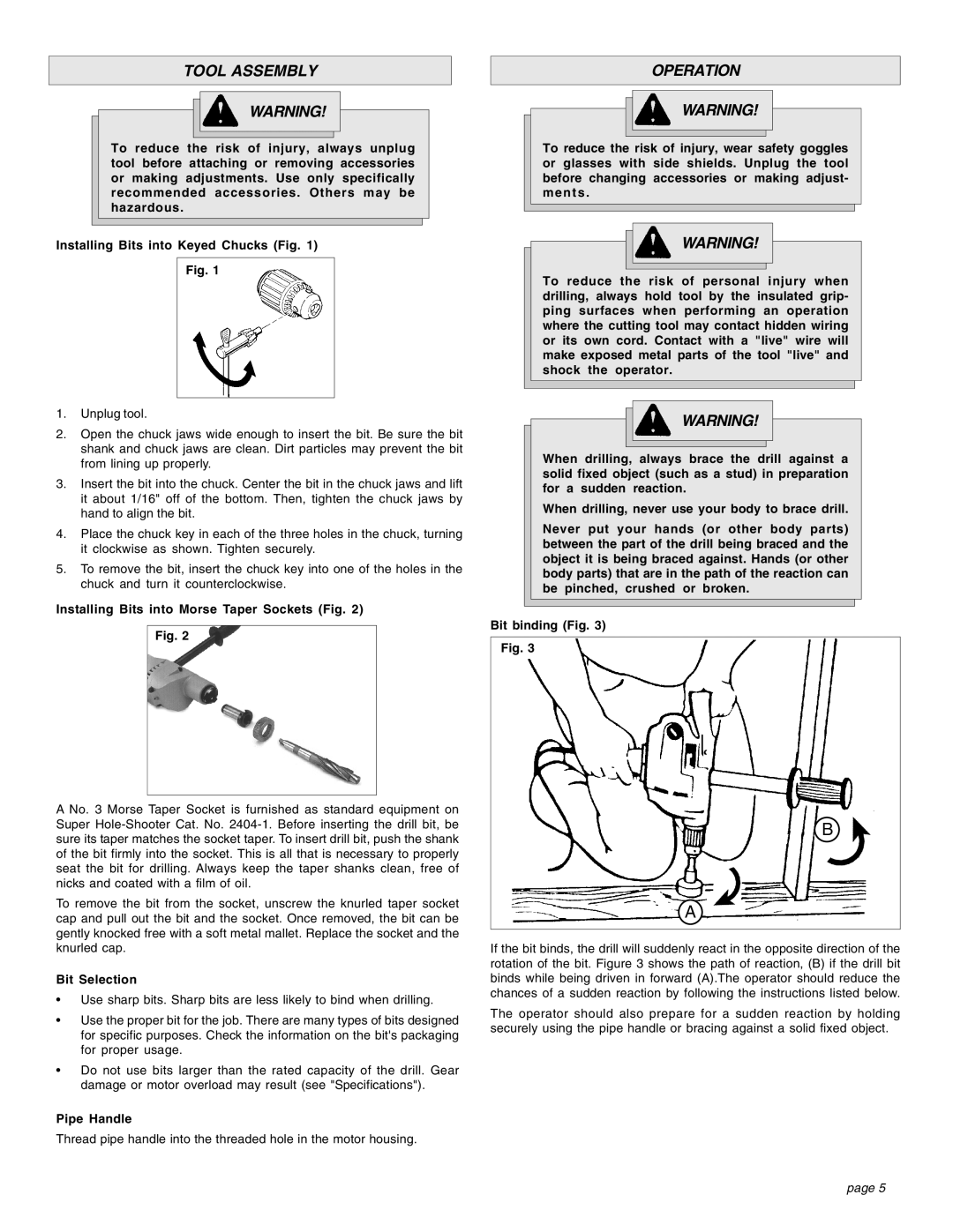 Milwaukee 1/1/1854 Tool Assembly, Operation, Installing Bits into Morse Taper Sockets Fig, Bit Selection, Pipe Handle 