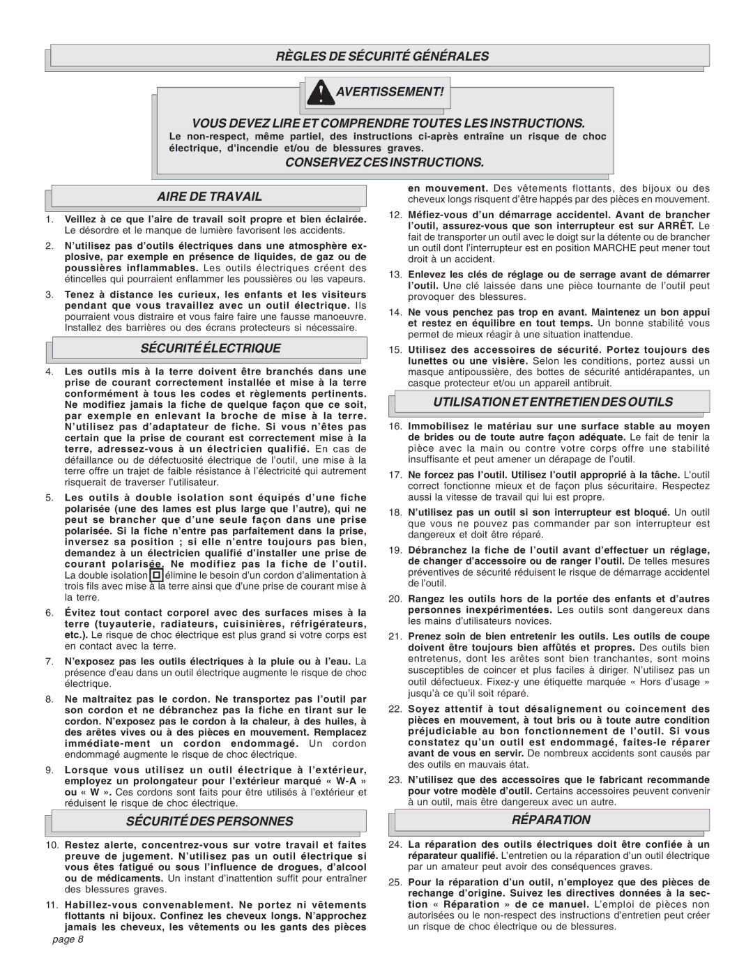 Milwaukee 1/1/2404 Conservez CES Instructions Aire DE Travail, Sécurité Électrique, Utilisation ET Entretien DES Outils 