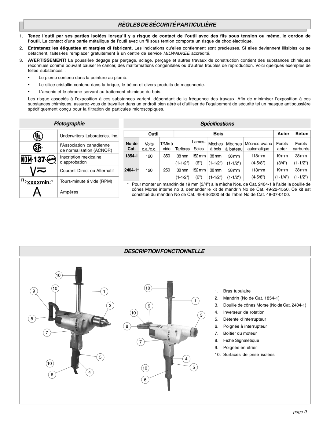 Milwaukee 1/1/1854, 1/1/2404 manual Règles DE Sécurité Particulière, Descriptionfonctionnelle, Outil, Acier Béton No de 