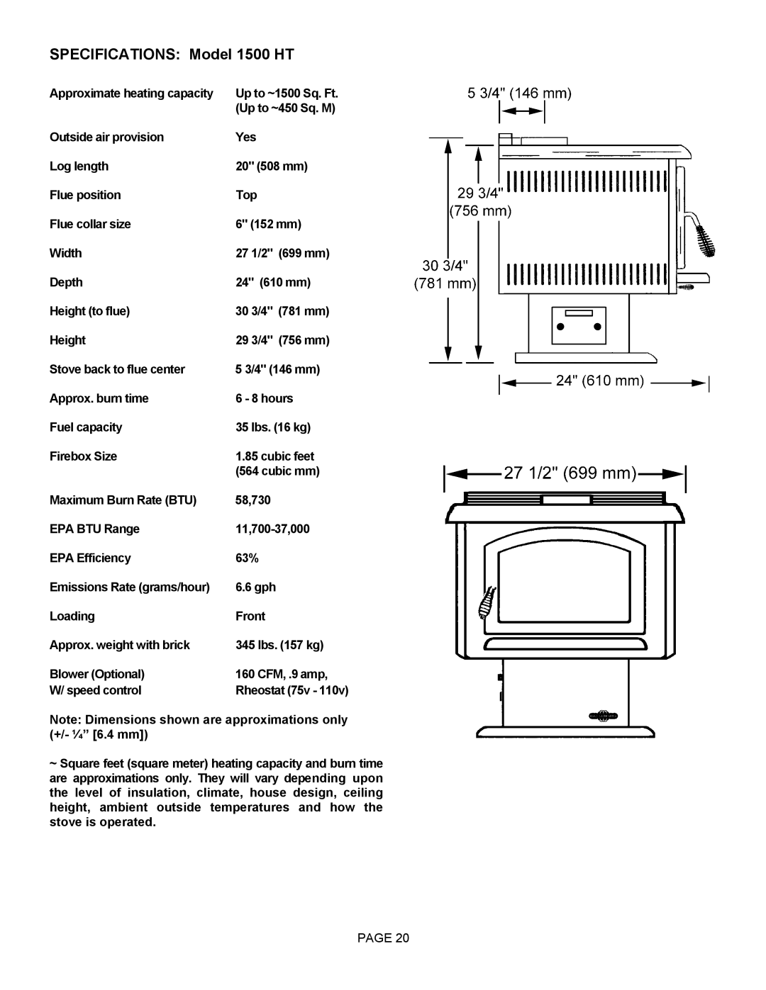 Milwaukee 1500HT operation manual Specifications Model 1500 HT, Up to ~1500 Sq. Ft, Up to ~450 Sq. M 