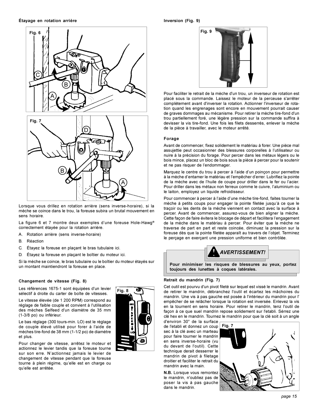 Milwaukee 1670-1 manual Étayage en rotation arrière, Changement de vitesse Fig, Inversion Fig, Forage 