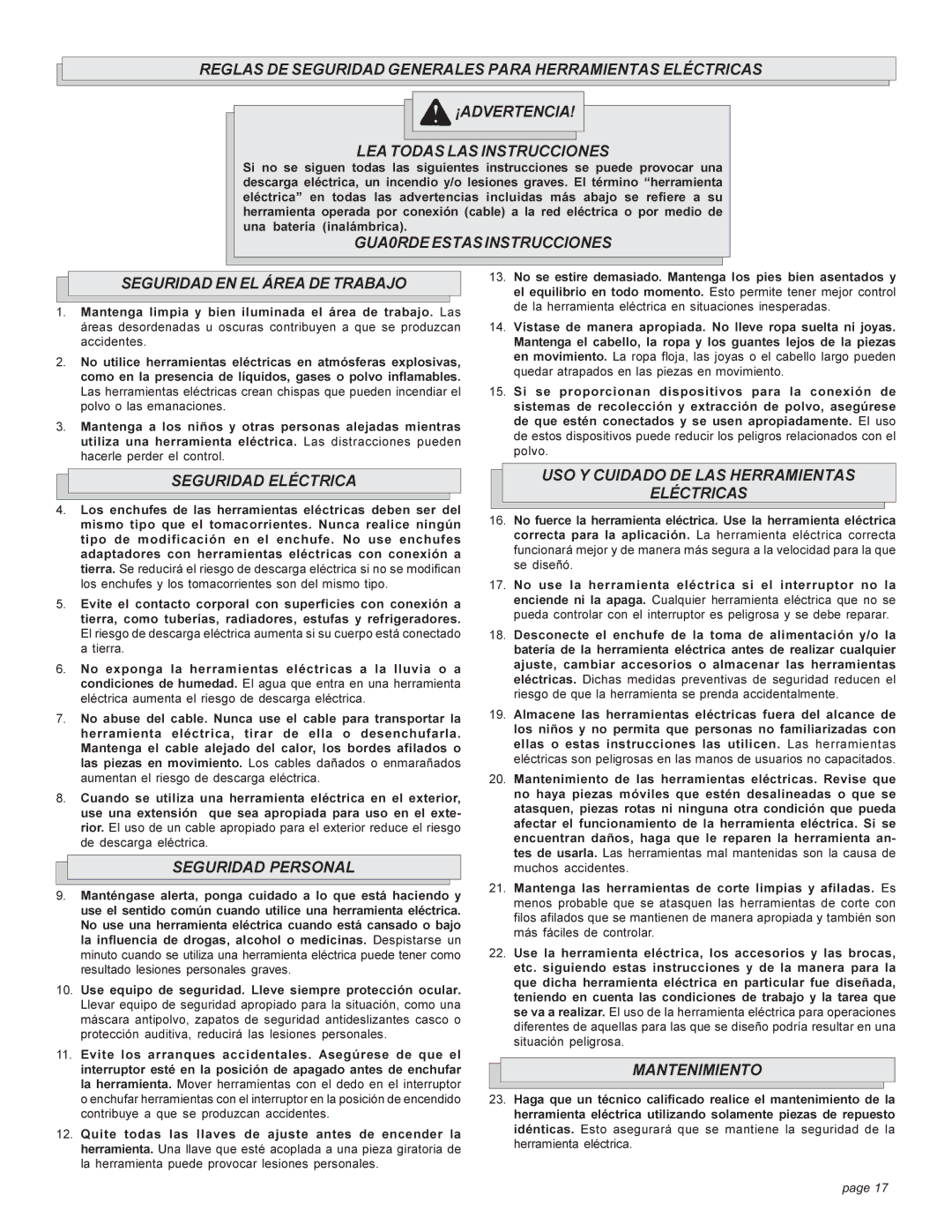 Milwaukee 1670-1 manual GUA0RDEESTASINSTRUCCIONES Seguridad EN EL Área DE Trabajo, Seguridad Eléctrica, Seguridad Personal 