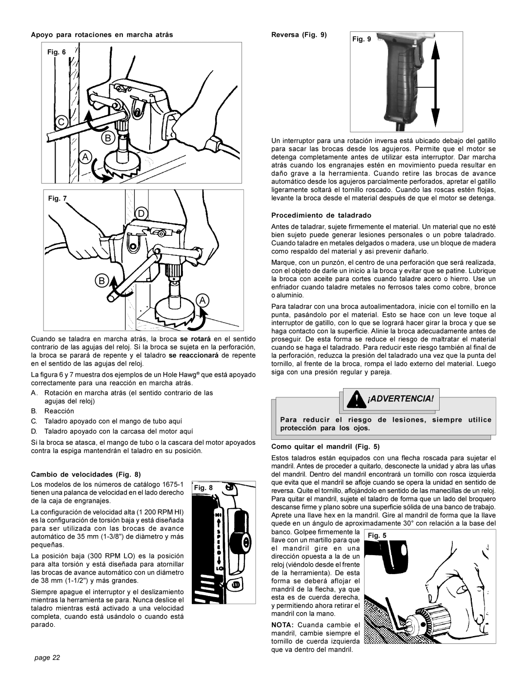 Milwaukee 1670-1 Apoyo para rotaciones en marcha atrás, Cambio de velocidades Fig, Reversa Fig, Procedimiento de taladrado 