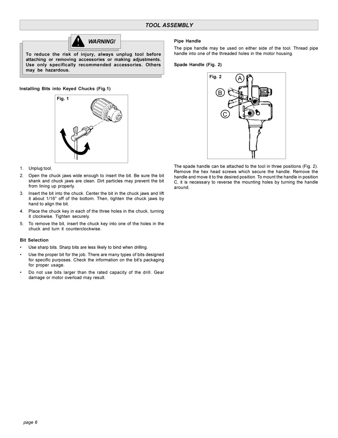 Milwaukee 1670-1 manual Tool Assembly, Bit Selection Pipe Handle, Spade Handle Fig 