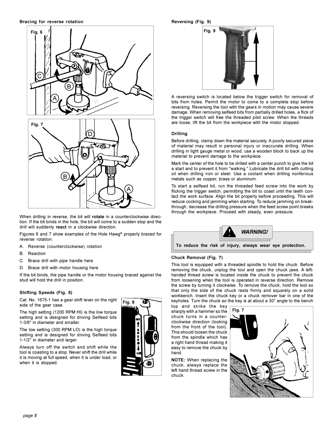 Milwaukee 1670-1 manual Bracing for reverse rotation, Shifting Speeds Fig, Reversing Fig, Drilling 