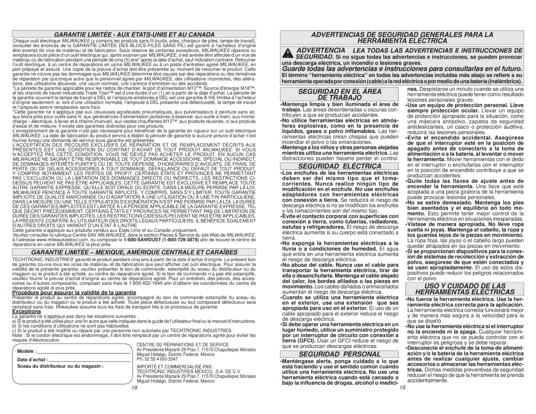 Milwaukee 1680-21 manual Seguridad EN EL Área DE Trabajo, Seguridad Eléctrica, USO Y Cuidado DE LAS Herramientas Eléctricas 