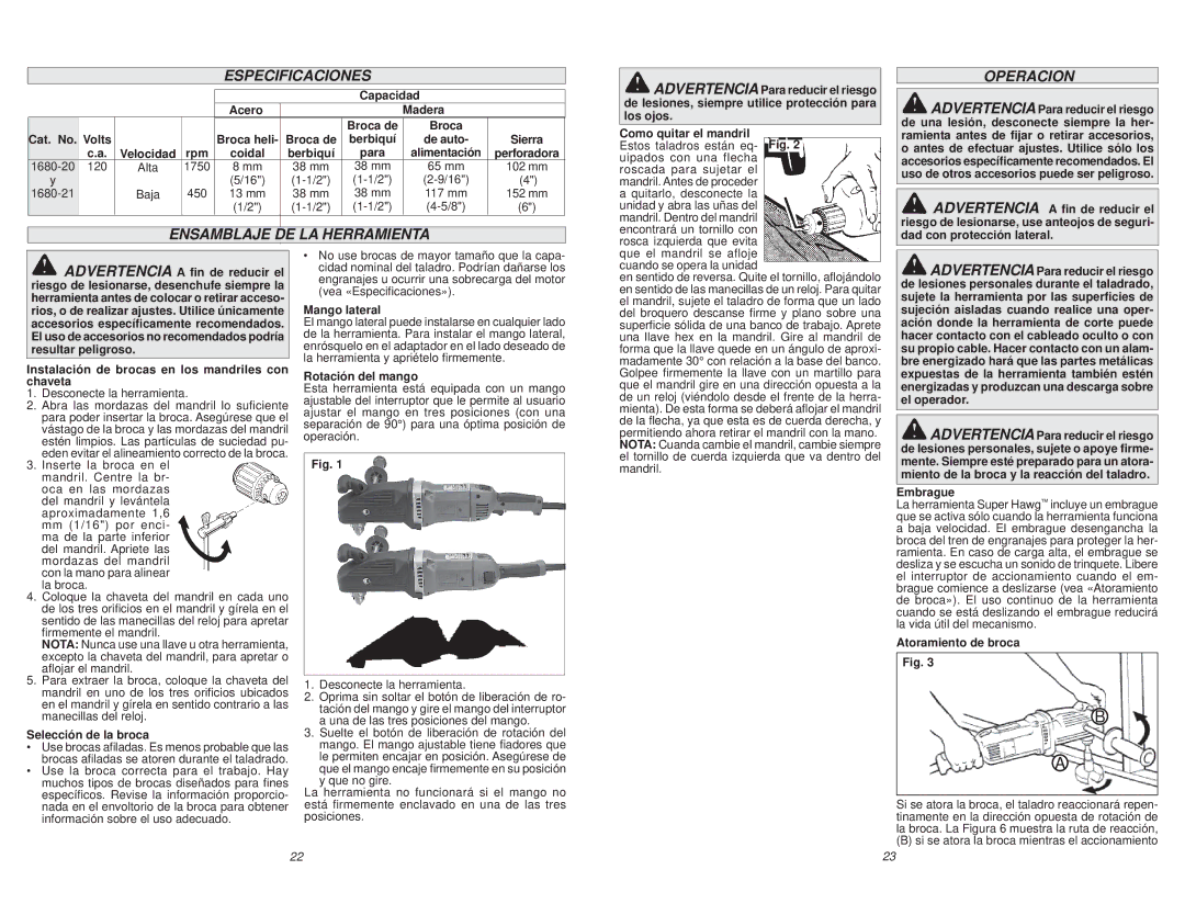 Milwaukee 1680-21, 1680-20 manual Especificaciones, Ensamblaje DE LA Herramienta, Operacion 