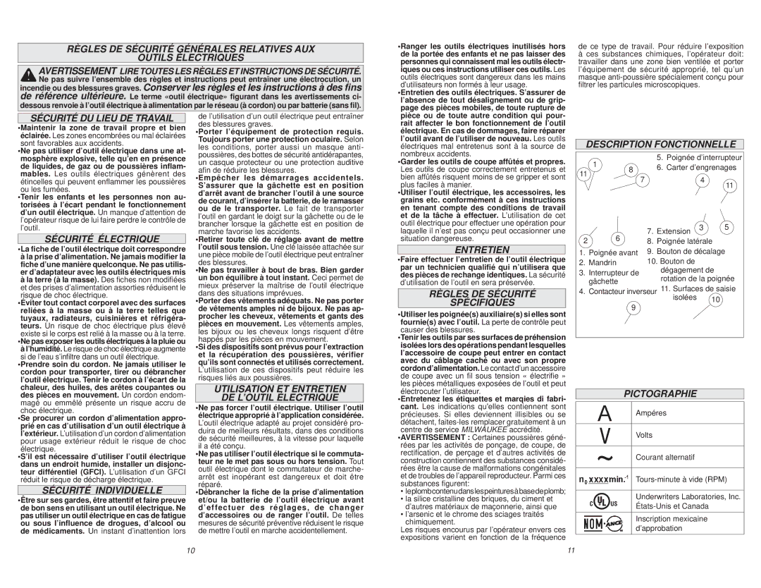 Milwaukee 1680-21 manual Sécurité DU Lieu DE Travail, Sécurité Électrique, Sécurité Individuelle, Entretien, Pictographie 