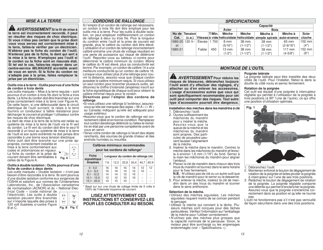 Milwaukee 1680-20, 1680-21 manual Mise a LA Terre, Cordons DE Rallonge, Spécifications, Montage DE L’OUTIL 