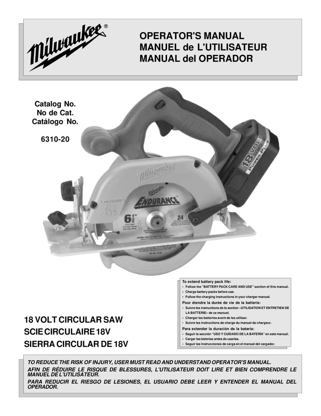 Milwaukee 18 VOLT CIRCULAR SAW manual Operators Manual 