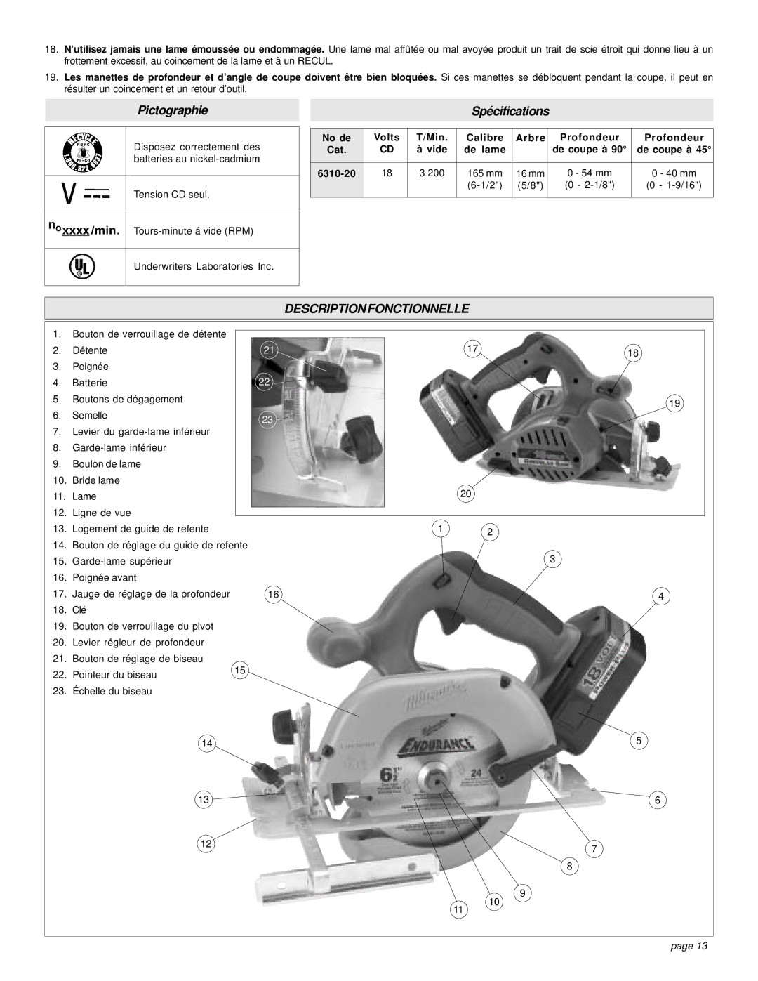 Milwaukee 18 VOLT CIRCULAR SAW manual Description Fonctionnelle, No de Volts Min Calibre Arbre Profondeur Cat 