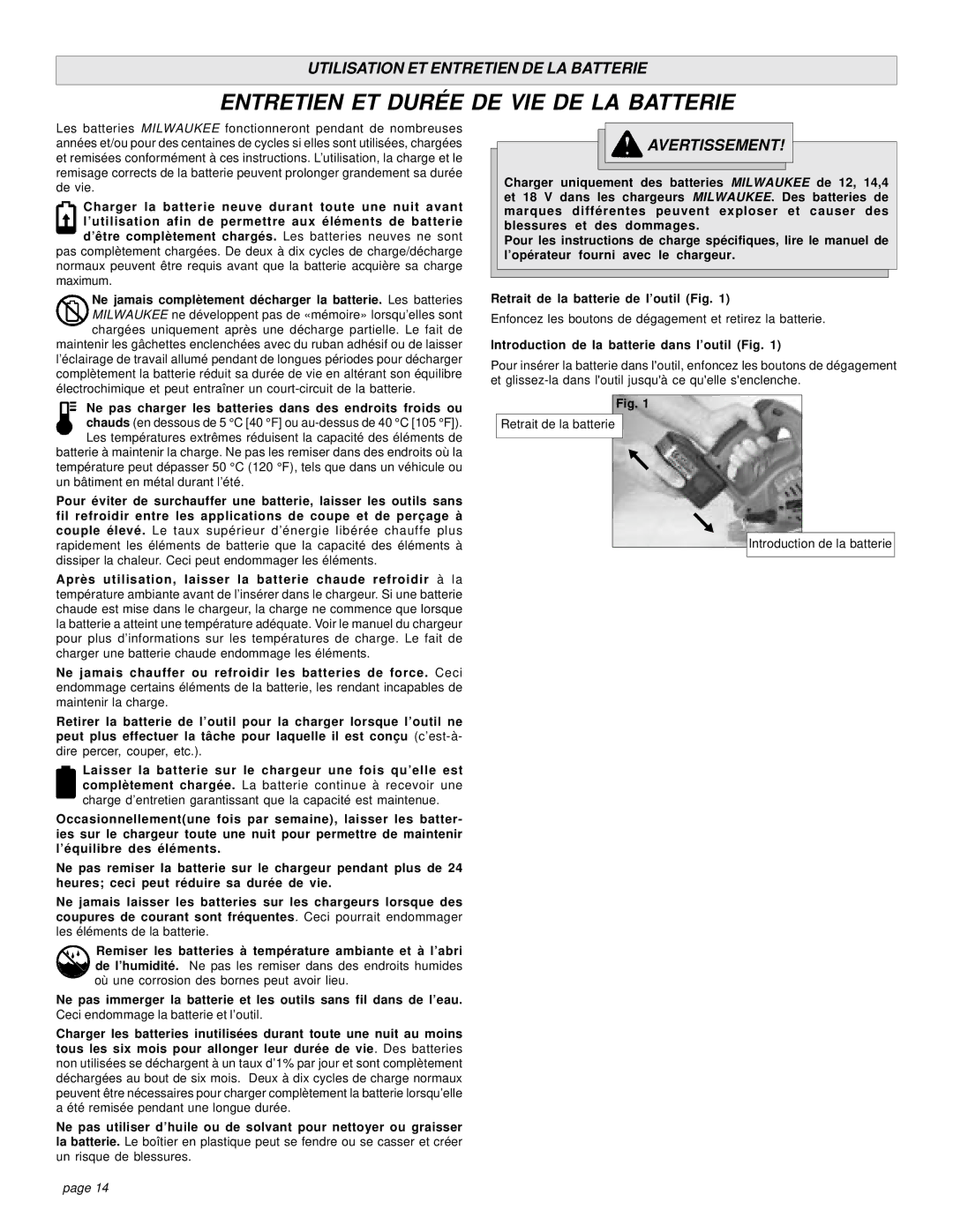 Milwaukee 18 VOLT CIRCULAR SAW Entretien ET Durée DE VIE DE LA Batterie, Introduction de la batterie dans l’outil Fig 