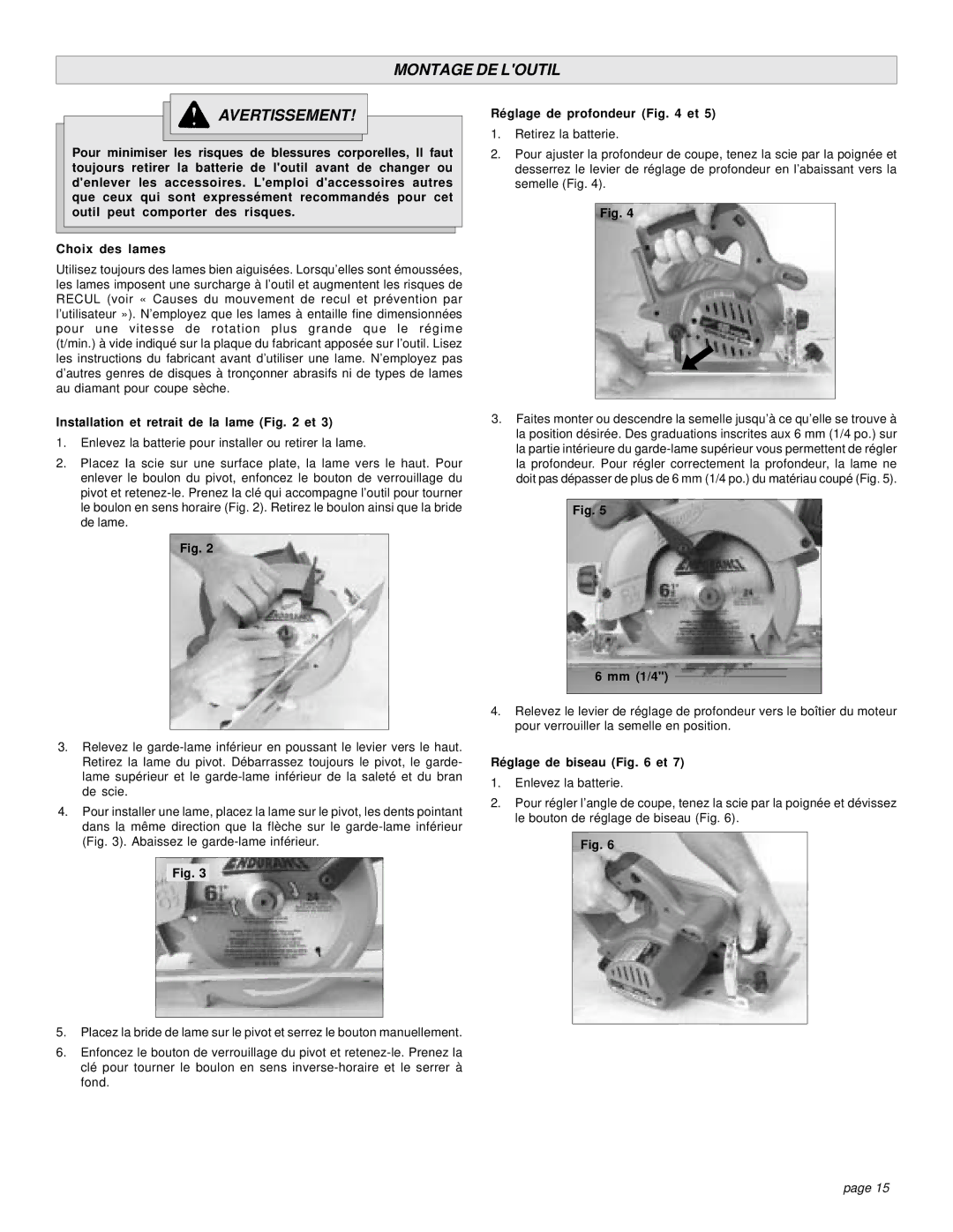 Milwaukee 18 VOLT CIRCULAR SAW manual Montage DE Loutil Avertissement, Installation et retrait de la lame et, Mm 1/4 