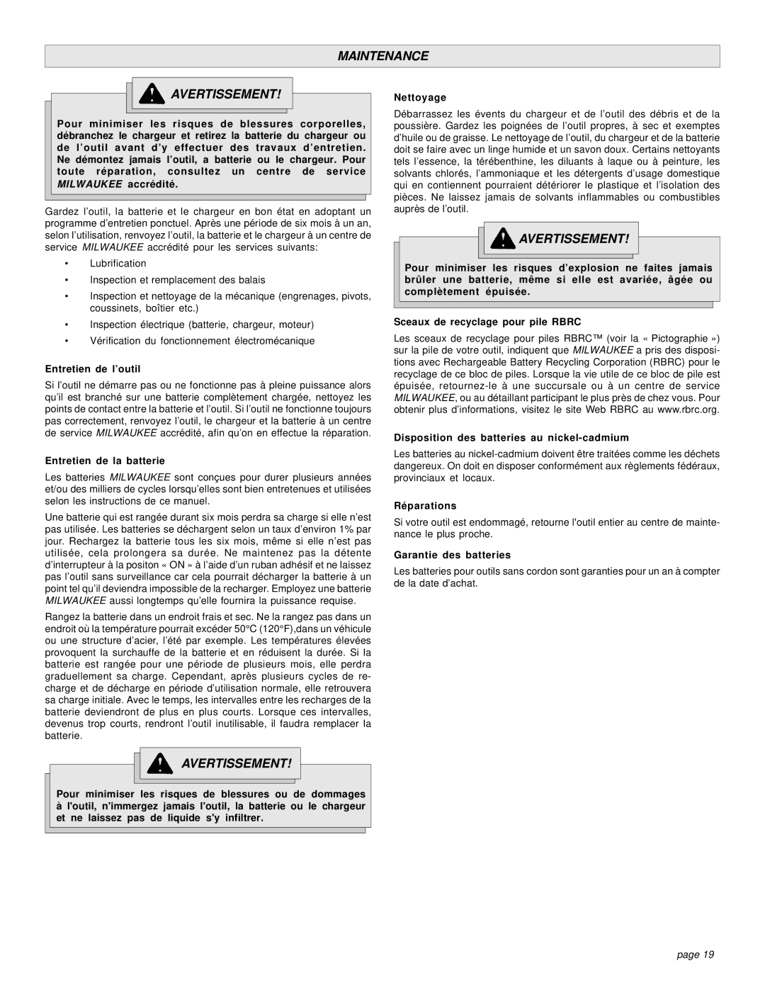 Milwaukee 18 VOLT CIRCULAR SAW manual Maintenance Avertissement 