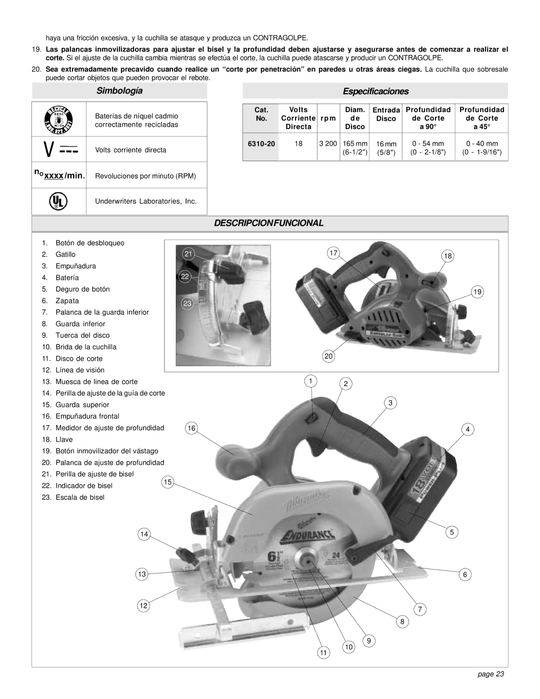 Milwaukee 18 VOLT CIRCULAR SAW manual Descripcionfuncional, Cat Volts Diam Entrada Profundidad 