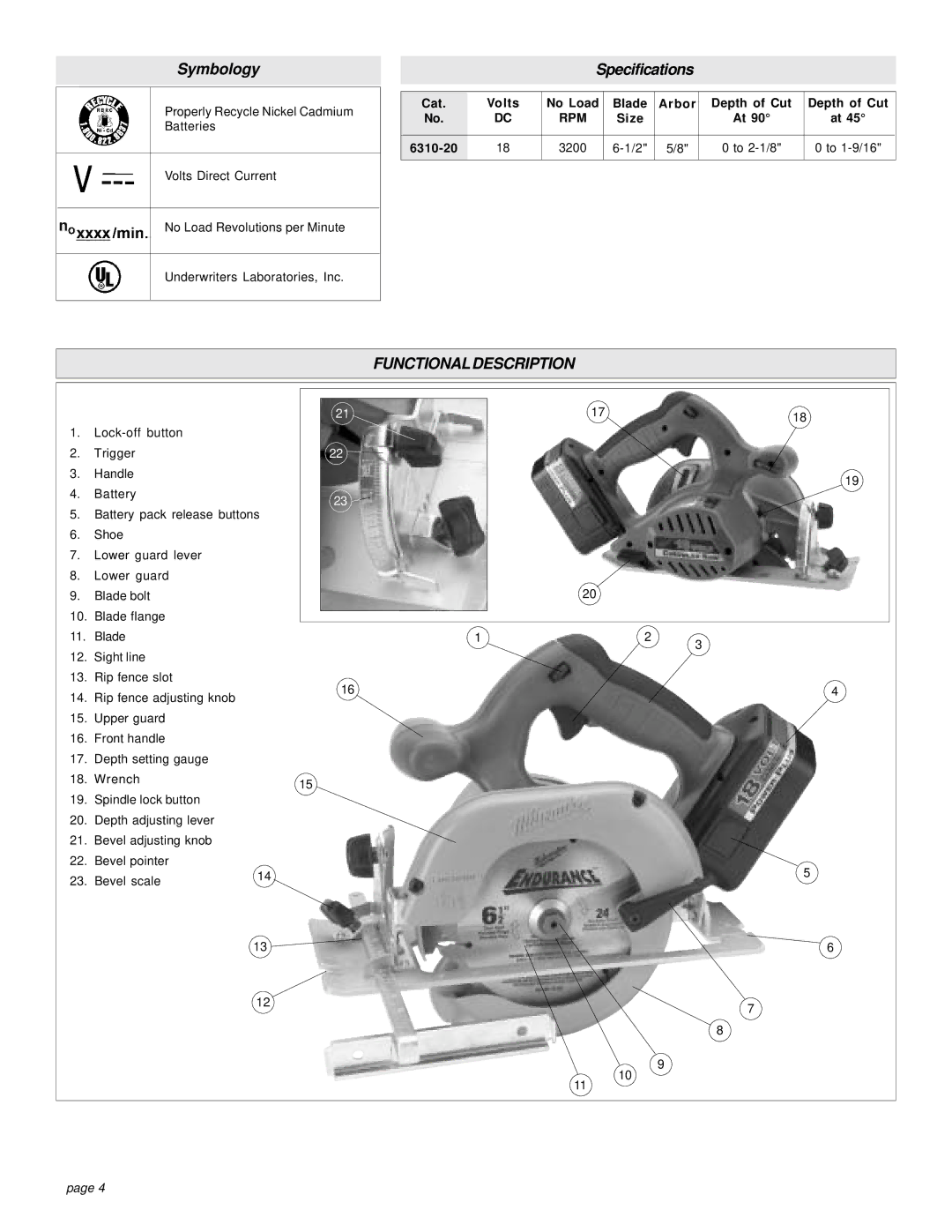 Milwaukee 18 VOLT CIRCULAR SAW manual Functional Description, Cat Volts No Load Blade Arbor Depth of Cut 