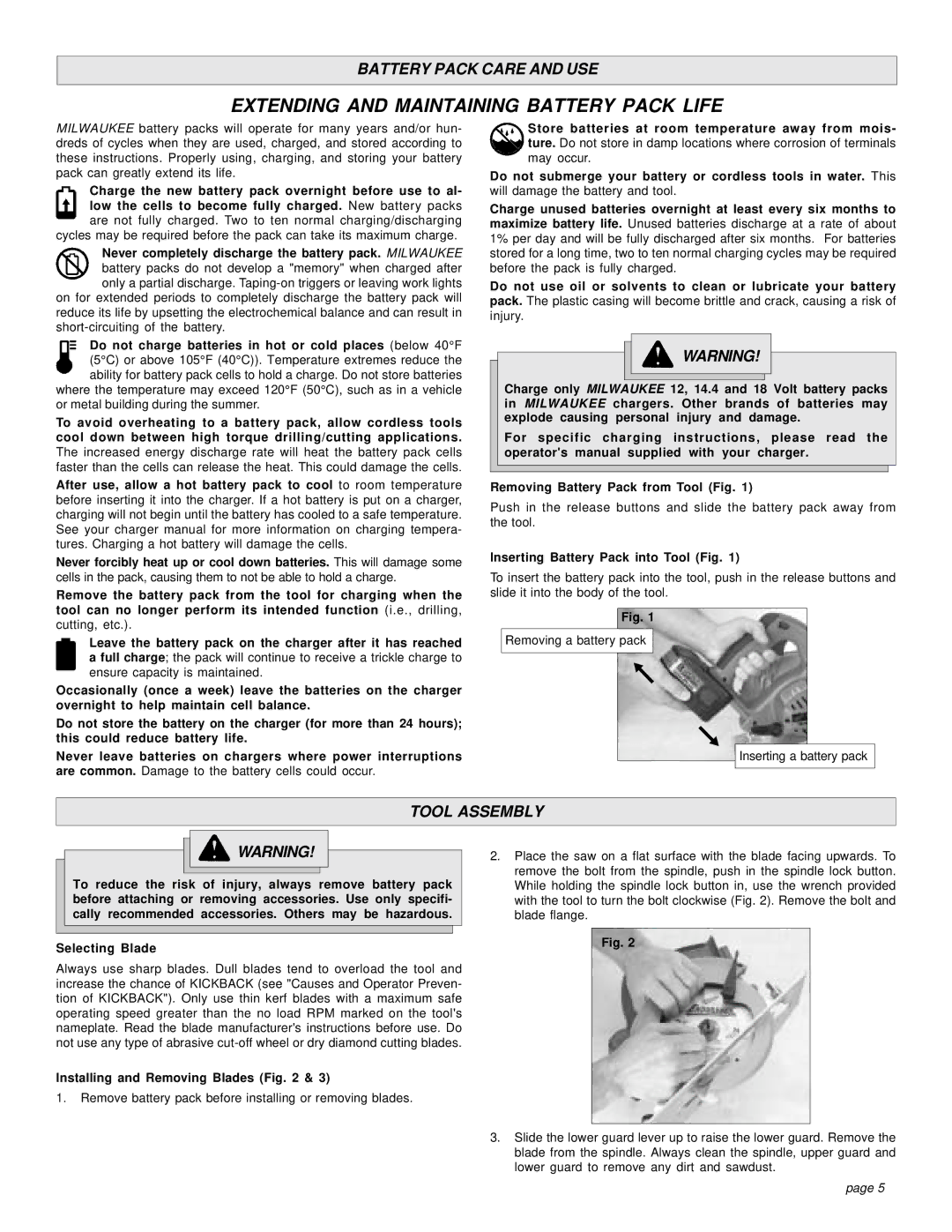 Milwaukee 18 VOLT CIRCULAR SAW manual Battery Pack Care and USE, Tool Assembly, Inserting Battery Pack into Tool Fig 