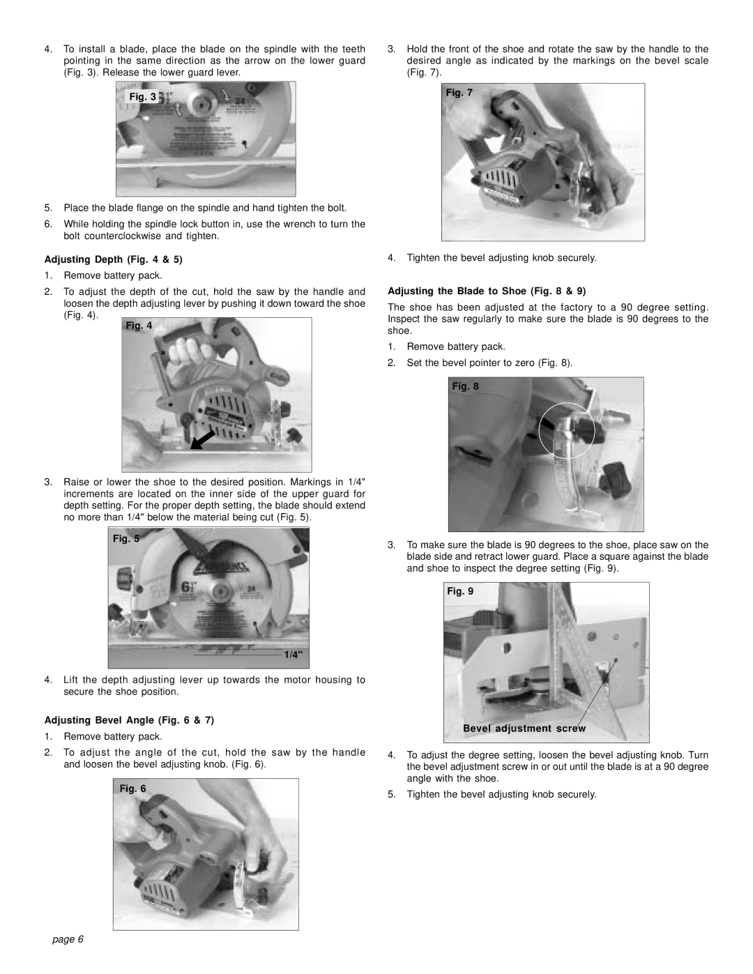 Milwaukee 18 VOLT CIRCULAR SAW Adjusting Depth, Adjusting Bevel Angle, Adjusting the Blade to Shoe, Bevel adjustment screw 