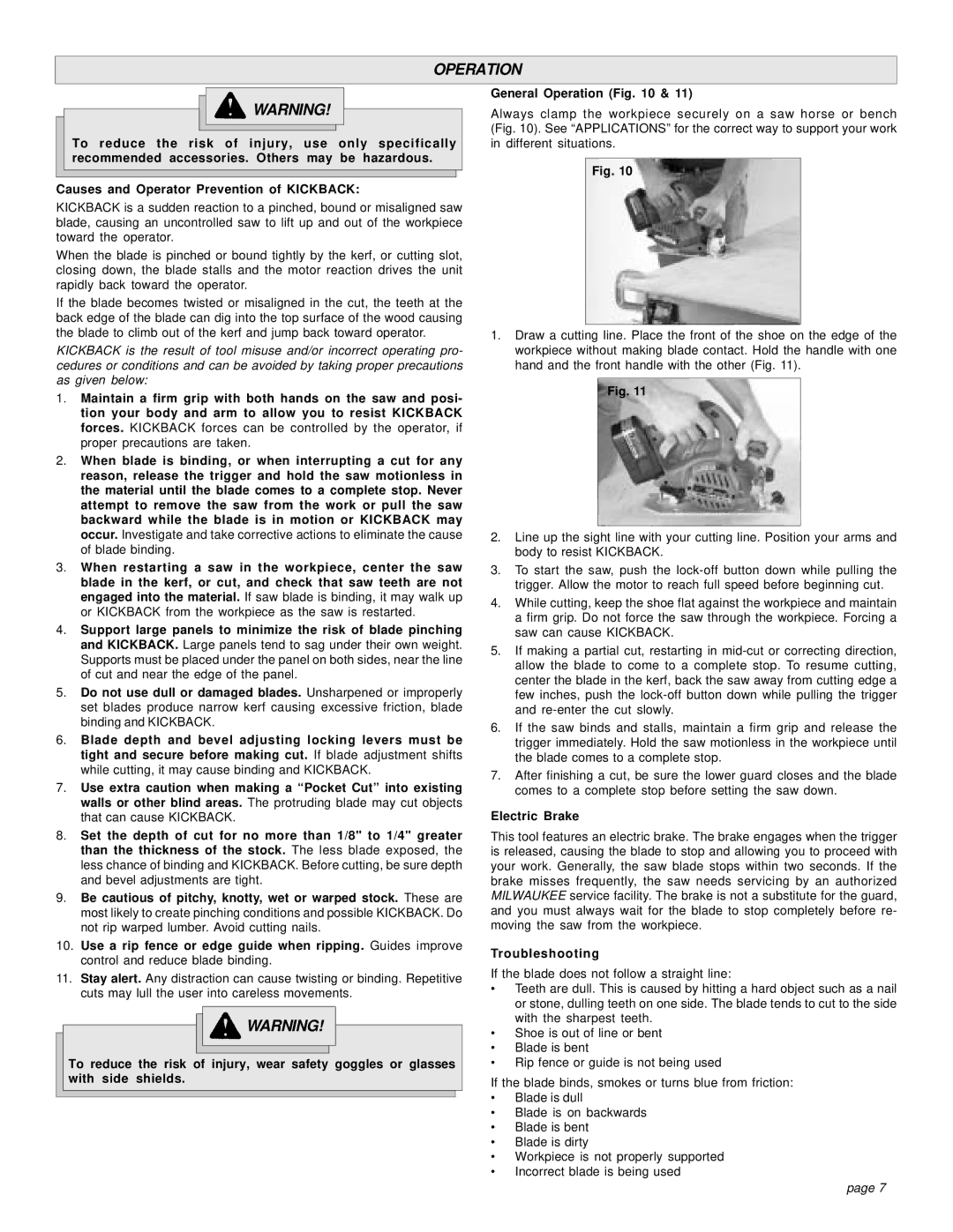 Milwaukee 18 VOLT CIRCULAR SAW manual Operation, Electric Brake, Troubleshooting 