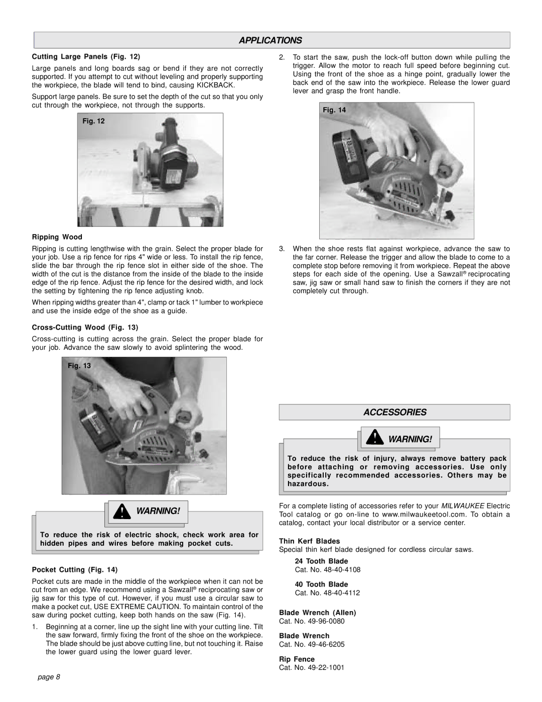 Milwaukee 18 VOLT CIRCULAR SAW manual Applications, Accessories 