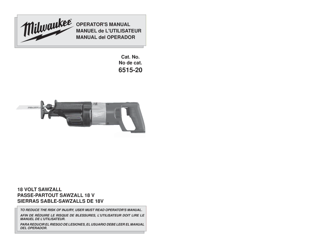 Milwaukee 18 Volt Sawzall manual 6515-20 