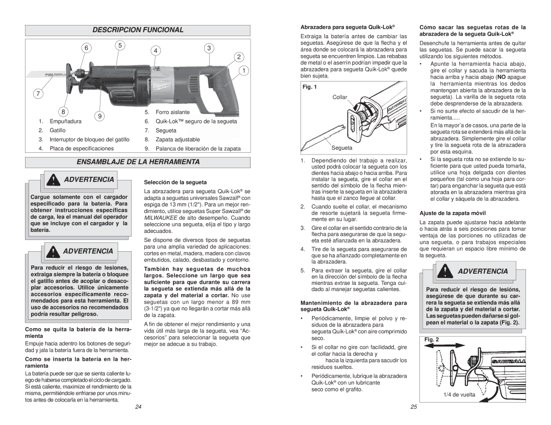 Milwaukee 18 Volt Sawzall manual Descripcion Funcional, Ensamblaje DE LA Herramienta 